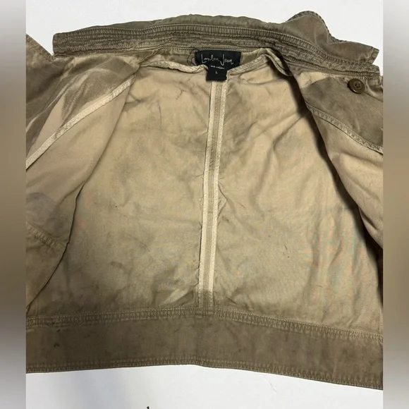 LONDON Jean Olive dyed distressed cropped double breasted utility Jacket size L - Picture 11 of 15